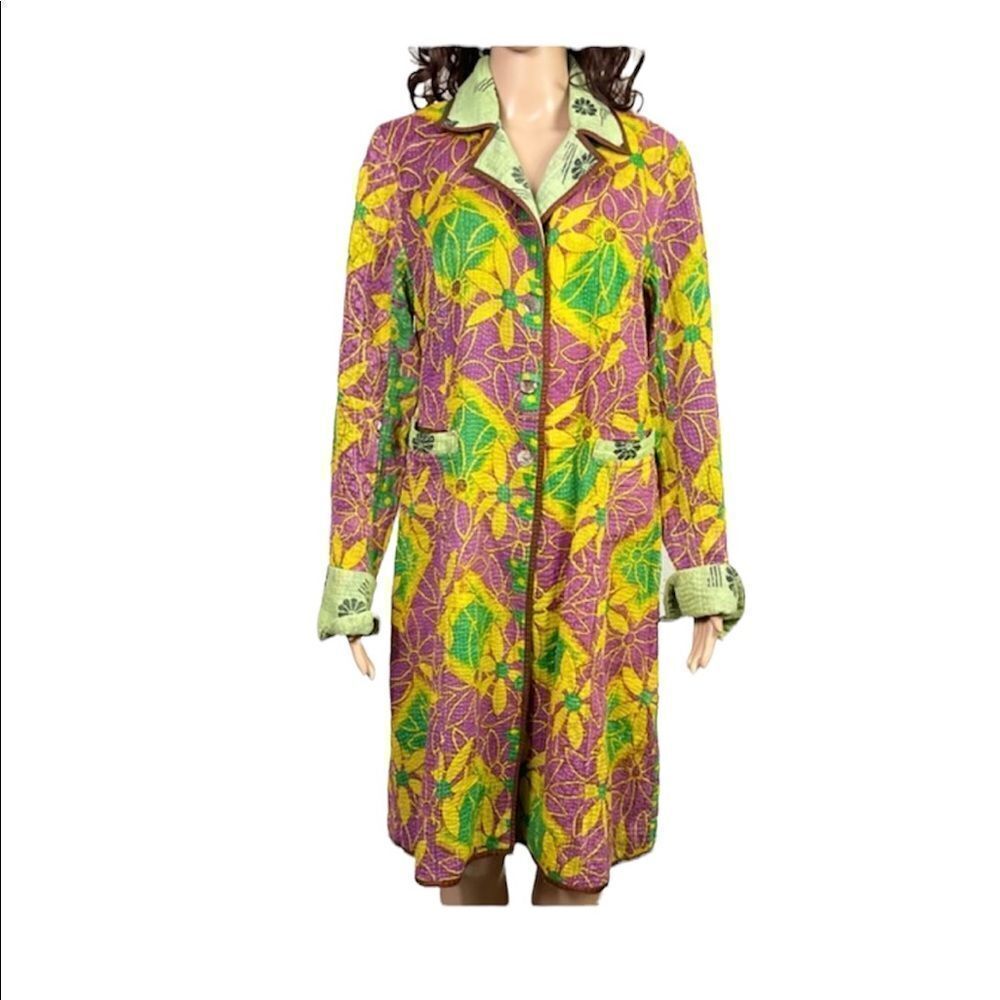 Joshi Rare Vintage Boho Floral Print Buttoned Quilted Cotton Long Jacket 8